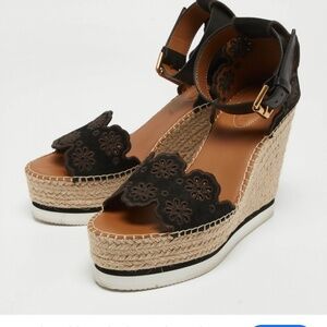 See by Chloe black suede espadrille wedge floral lasercut